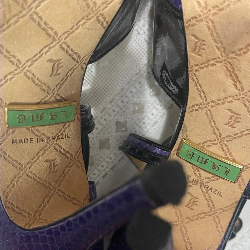 L.A.M.B. Miyagi Platform Purple Snakeskin Black Patent Leather Strappy Heels 9